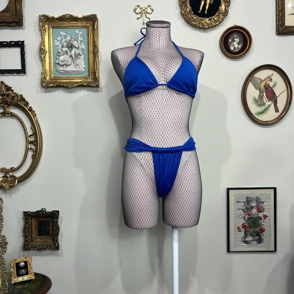 Vintage Y2K Shirley Swim Electric Blue Mesh String Bikini Thong Set
